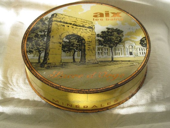 Vintage French Candy Tin Yellow and Black Details