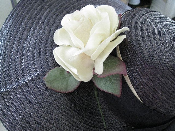Navy Straw Ladies Hat with Creamy Velvet Rose Vintage 60s